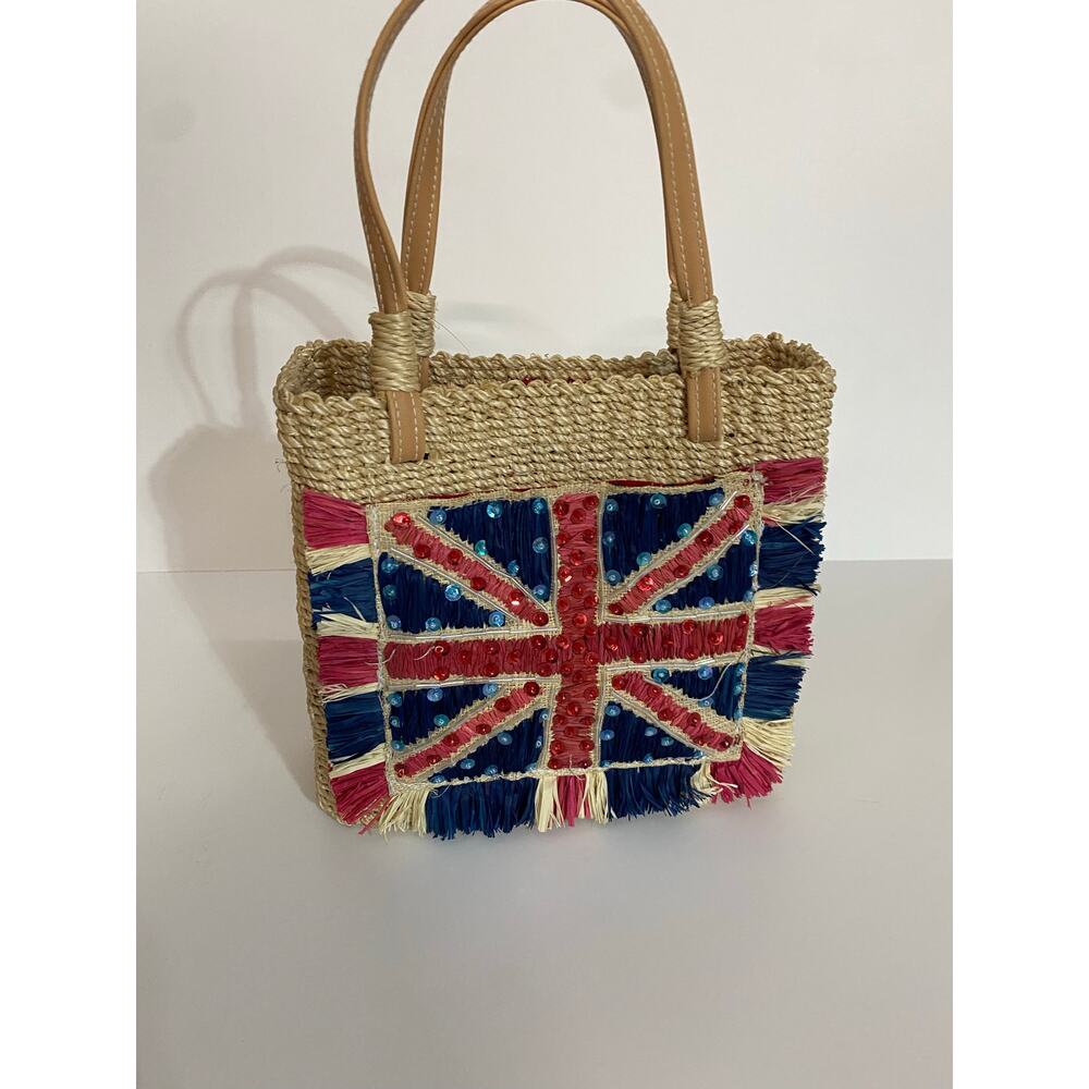 British Sequin Wicker Handled Purse Red Lined Inner Zip Pocket Magnetic Closure
